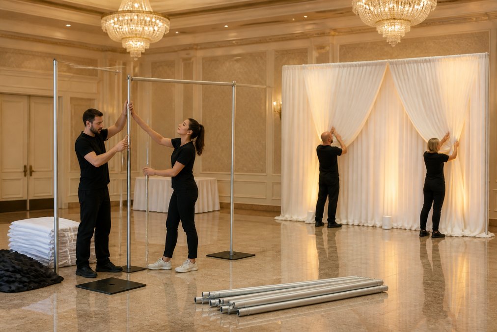 Two people assembling telescopic upright poles and adjustable crossbars for a pipe and drape system in a hotel ballroom, with weighted base plates visible on the polished floor and rolled fabric panels stacked nearby