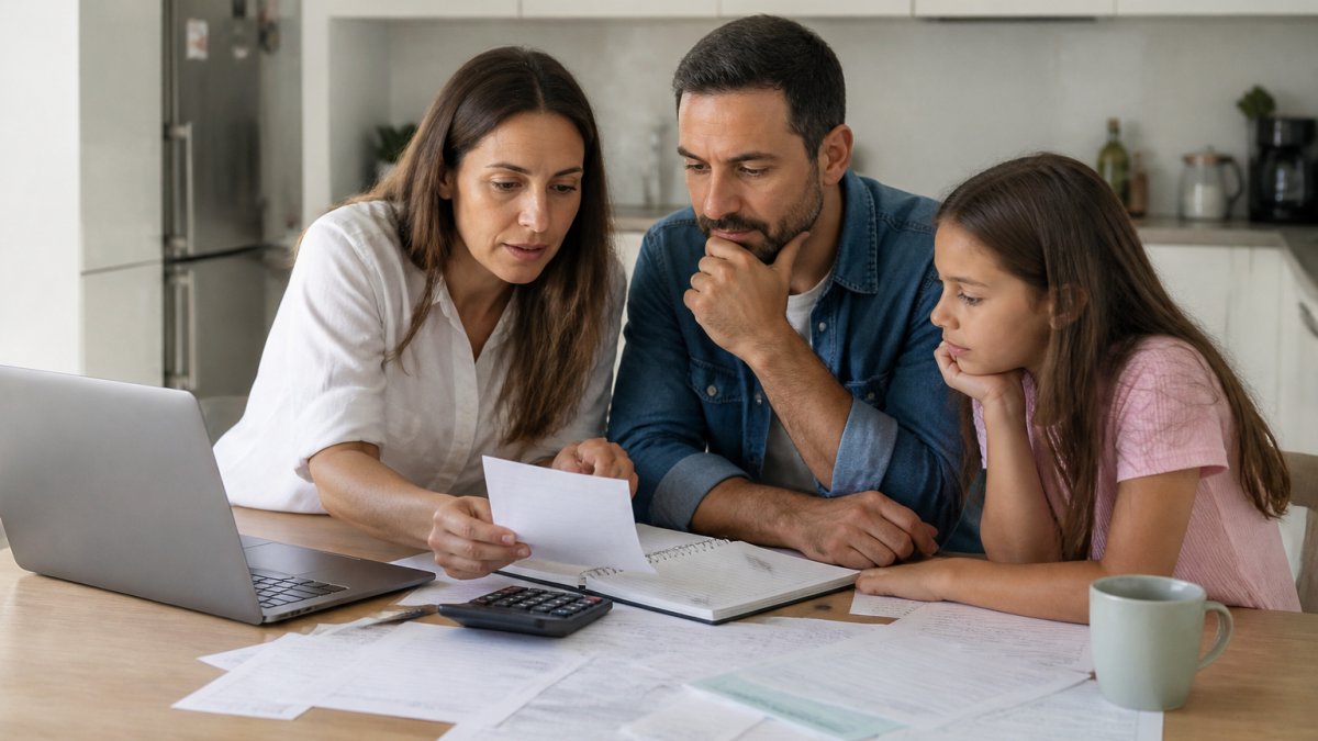 Family reviewing documents and discussing finances at a kitchen table with a laptop, calculator, and notebook visible, natural home office lighting