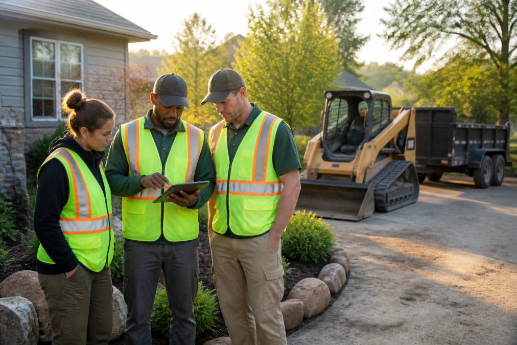 A three-person landscaping crew in work vests reviewing a tablet on a residential job site, a mini skid steer and dump trailer parked behind them, morning sunlight