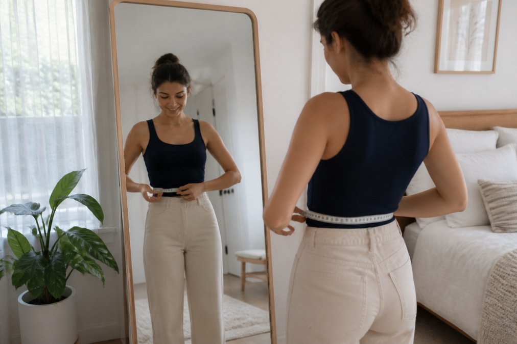 Woman in her late twenties holding a soft measuring tape around her waist while standing in front of a mirror in a bright bedroom, natural window light, casual clothing