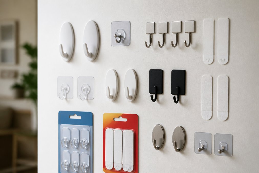Close-up of various adhesive hooks and command strips in different sizes and colors arranged on a clean white wall surface, showing installation-ready positioning and product packaging