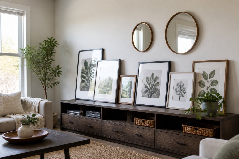 Modern apartment living room featuring a gallery wall display with leaning frames, artwork, and decorative mirrors arranged without nails on a light-colored accent wall, with natural window lighting
