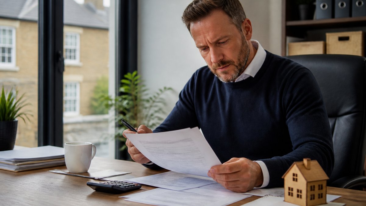 Landlord sitting at a desk reviewing rental income protection documents and policy paperwork with a pen in hand, natural office lighting