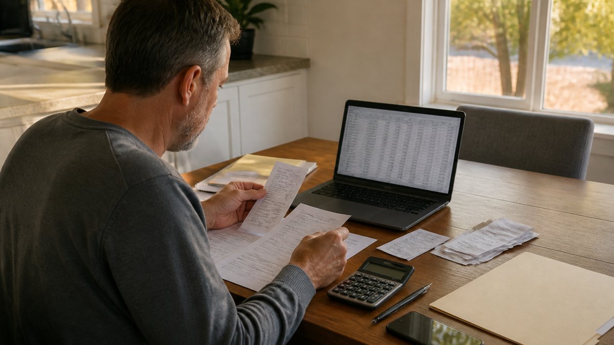 A landlord at a kitchen table sorting receipts, bank statements, and a laptop showing a spreadsheet, with a folder labeled 2026 nearby, warm afternoon light through a window