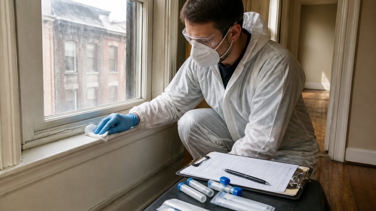 A certified lead inspector in protective gloves carefully wiping a windowsill with a white dust wipe sample in an older Philadelphia rowhouse interior, clipboard and sample tubes visible nearby
