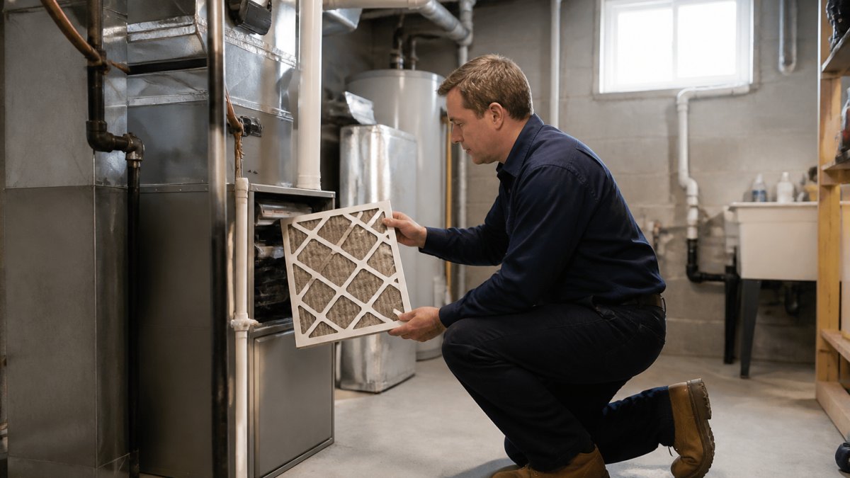 Property manager inspecting HVAC unit and checking air filter in residential basement utility room with natural lighting from high window