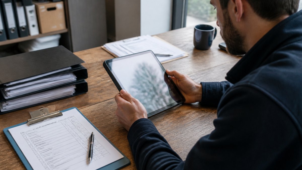 Property manager reviewing rental property maintenance scheduling on tablet with maintenance checklist and repair logs visible on desk, natural office lighting