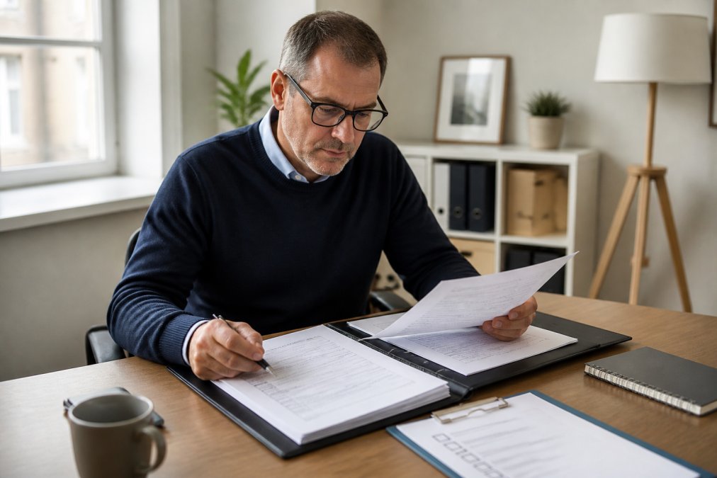 Landlord reviewing property documentation and safety certificates at a desk with a folder and rental checklist visible, natural office lighting