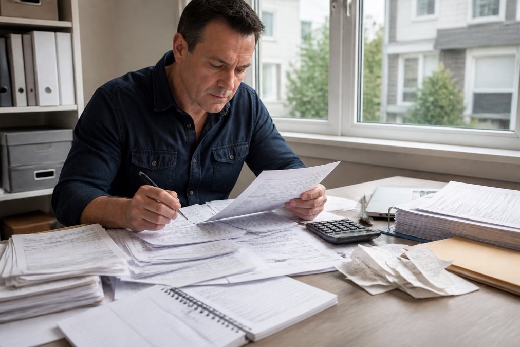 Real estate investor sitting at desk organizing rental property documents, receipts, and tax forms with calculator and laptop visible, natural office lighting