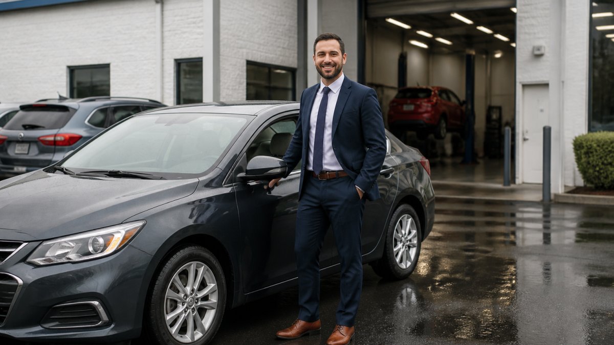 Professional commuter standing by a rental vehicle at an auto repair shop for rental vehicle assistance commuters