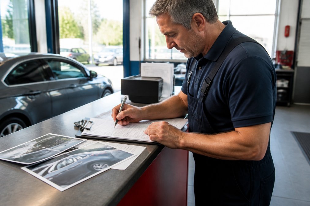 Professional reviewing paperwork and inspection photos to process rental vehicle assistance insurance claims