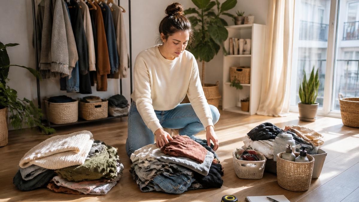 A renter kneeling on a light wood floor in a bright apartment, surrounded by three labeled piles of clothing and household items, tape measure and notepad beside her, morning light through a large window