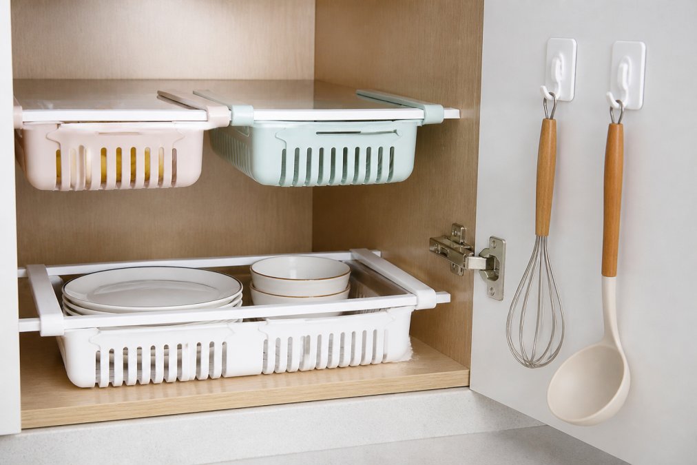 Close-up of an open cabinet with tension rods organizing stacked plates and bowls, adhesive hooks holding utensils on the interior door, showing a clean damage-free installation with natural kitchen lighting