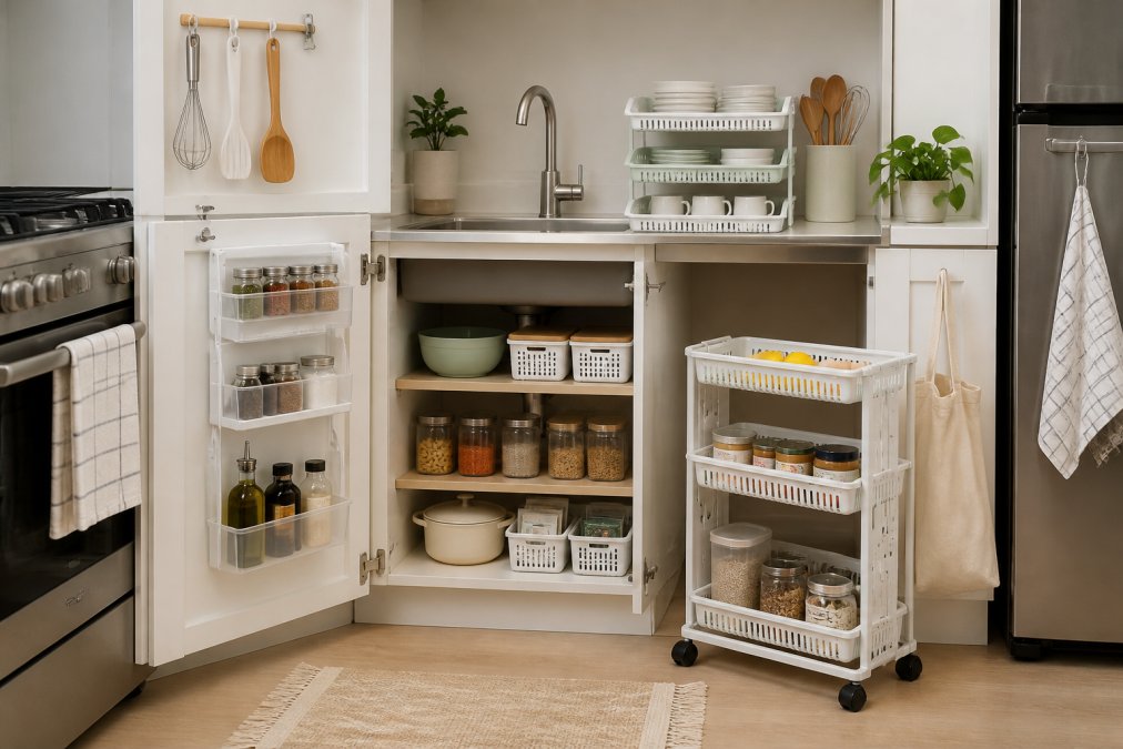Wide shot of a compact rental kitchen with multiple storage solutions in place: shelf risers stacking white dishes, a small freestanding cart holding pantry items, and over-the-door organizers on cabinet interiors, demonstrating space optimization in a tight kitchen area