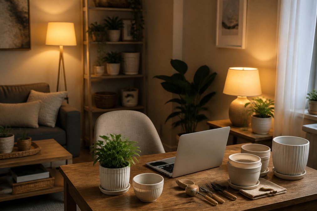 Renter's living room with layered lighting setup showing a floor lamp in the corner providing ambient light, a table lamp on the side table for task lighting, and a plug-in pendant hanging from a tension rod over the seating area, demonstrating how multiple light sources from different angles brighten a dark space