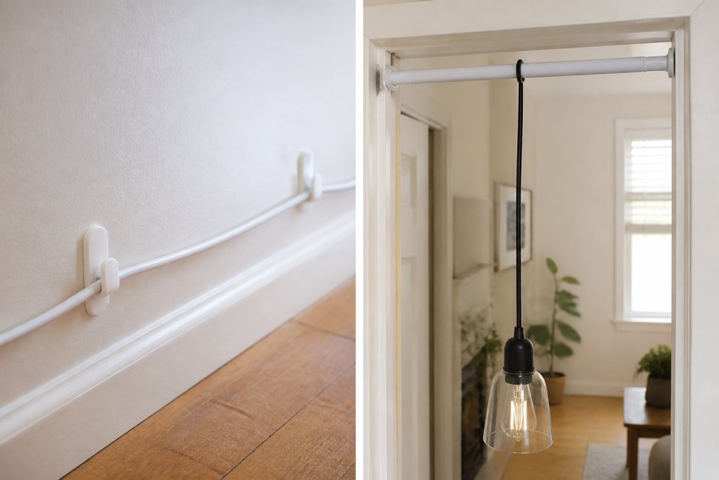 Close-up of adhesive command hooks holding lamp cords along a white baseboard, and a tension rod mounted in a doorway with a plug-in pendant light hanging from it, demonstrating non-damaging installation methods for renter-friendly lighting