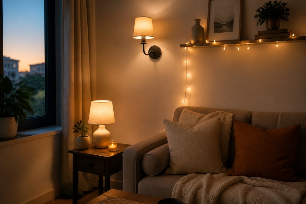 A cozy small apartment corner at dusk with a plug-in wall sconce, a battery-operated table lamp on a side table, and warm LED string lights draped along a shelf, showing layered ambient lighting without any visible cords or wall damage