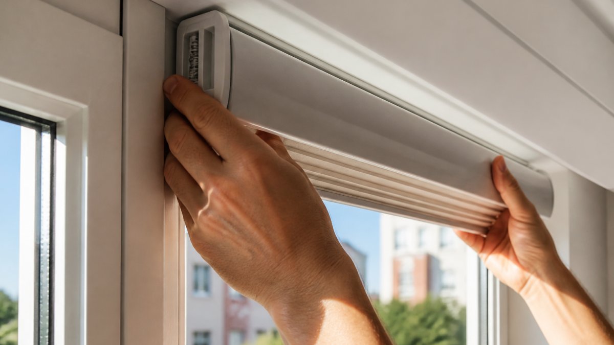 Hands adjusting a tension-mounted bracket for renter-friendly smart blinds inside a window frame