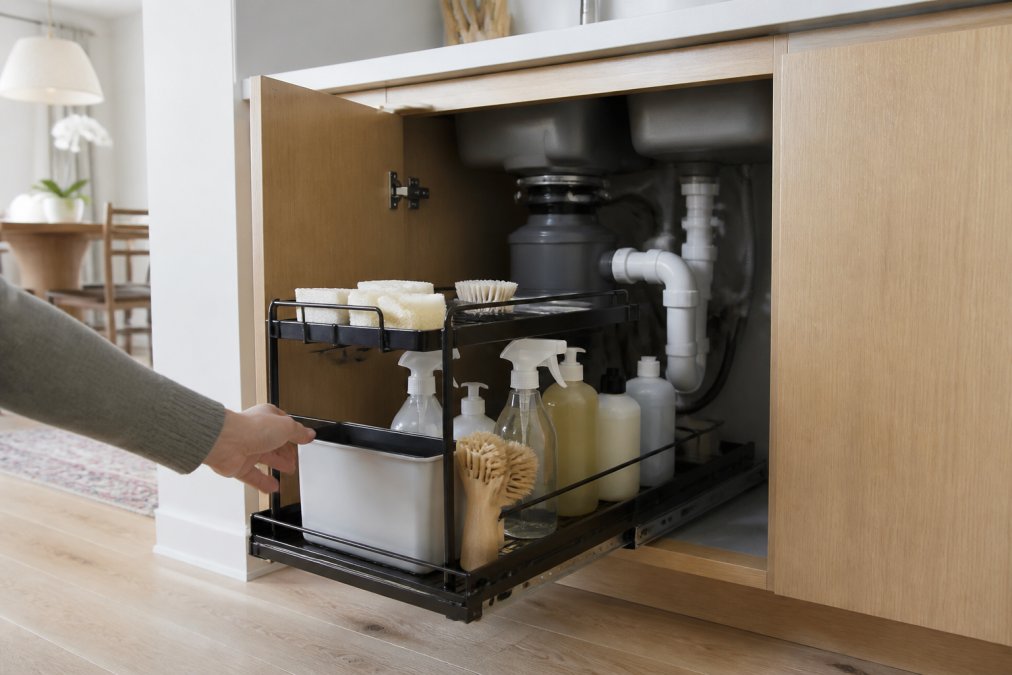 A renter's hand pulling out a two-tier metal sliding drawer organizer from beneath a kitchen sink, revealing cleaning supplies neatly arranged around a garbage disposal and curved pipes, with a Scandinavian-style kitchen cabinet open in a bright apartment