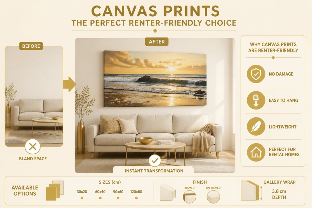 Bright, minimalist rental living room featuring a large coastal canvas print hanging on a white wall above a simple sofa, showing how a single statement piece transforms the space without damage