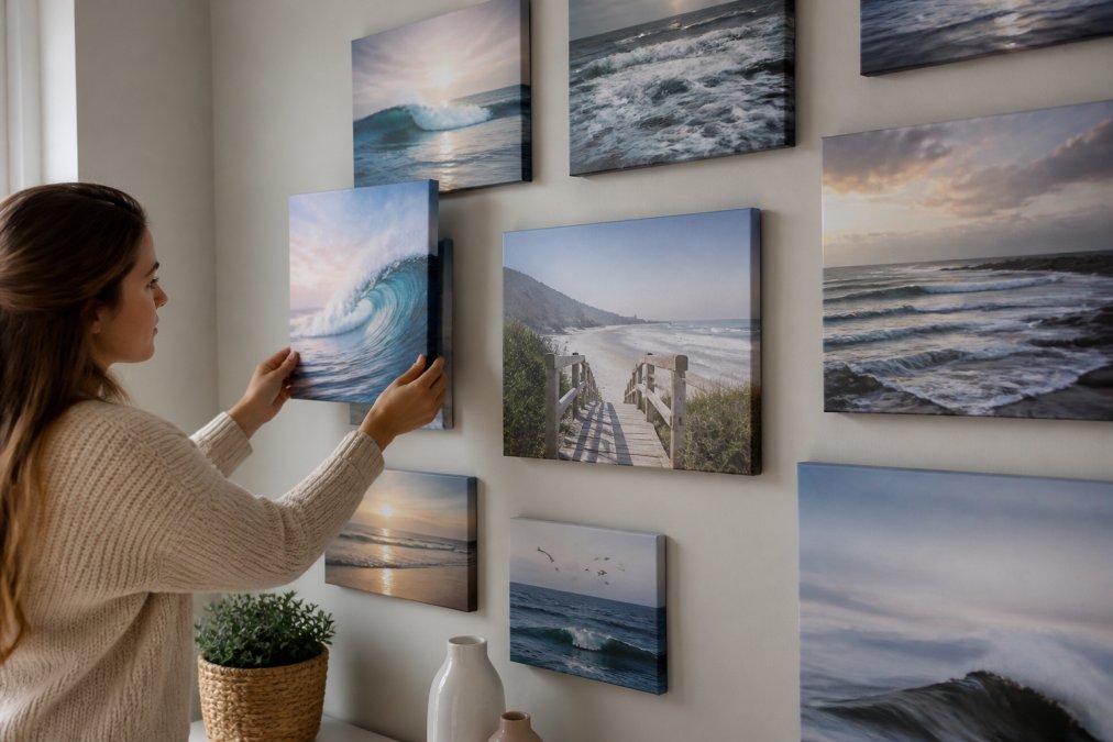 Close-up of hands carefully positioning lightweight prints and decorative pieces on a gallery wall arrangement using removable adhesive strips, demonstrating the installation process