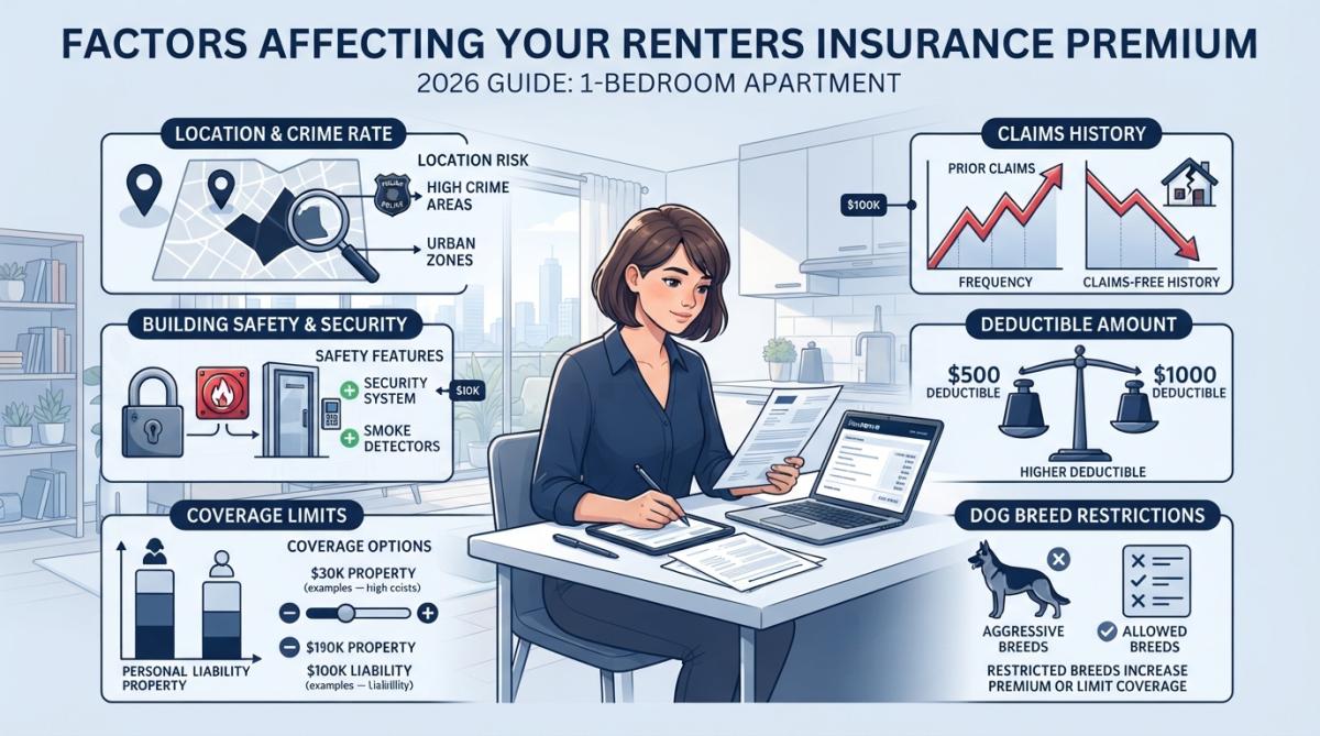 Young professional reviewing insurance documents and laptop at a kitchen table in a modern 1-bedroom apartment with natural light streaming through windows