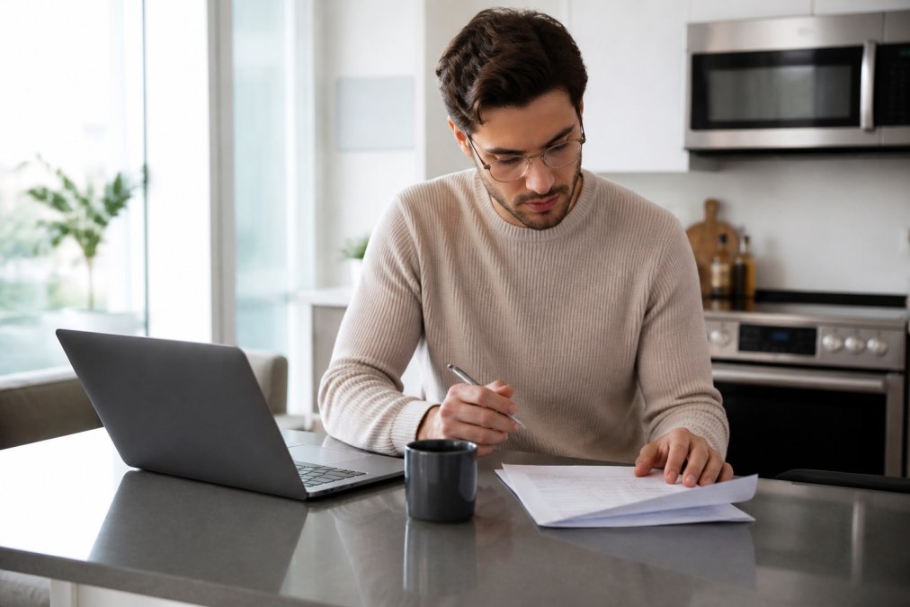 A young professional sitting at a kitchen counter in a bright apartment, reviewing a renters insurance policy document on a laptop with a pen and coffee mug nearby