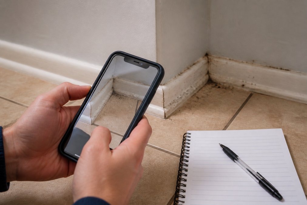 Renter's hands holding smartphone taking close-up photos of pest droppings in apartment corner near baseboard, with notebook and pen on surface nearby for documentation