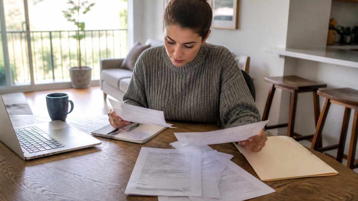 Renters' Rights Regarding Security Deposit Interest 2 Renter sitting at desk with lease documents, laptop, notepad, and deposit paperwork spread out, carefully reviewing rental agreement details in natural daylight
