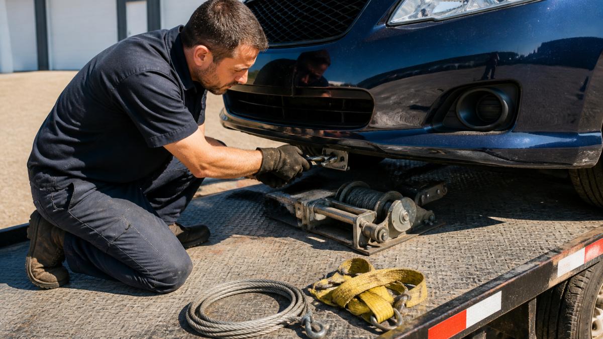 Professional mechanic inspecting vehicle front bumper and winch attachment points before loading onto flatbed car hauler trailer, with natural daylight illuminating the work area