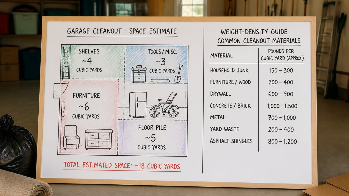 Diagram showing a garage divided into sections with cubic-yard estimates for each pile, alongside a weight-density chart for common cleanout materials