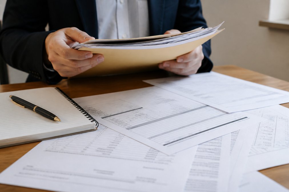 Professional hand holding a folder with important documents, bank statements, and proof of employment spread on a desk with a pen and notepad