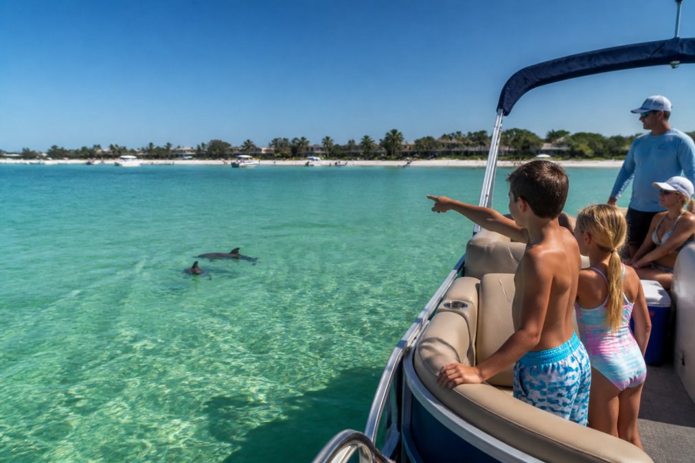 A family on a pontoon boat near a sandbar with turquoise water, kids pointing at dolphins, sunny day, Anna Maria Island coastline in background