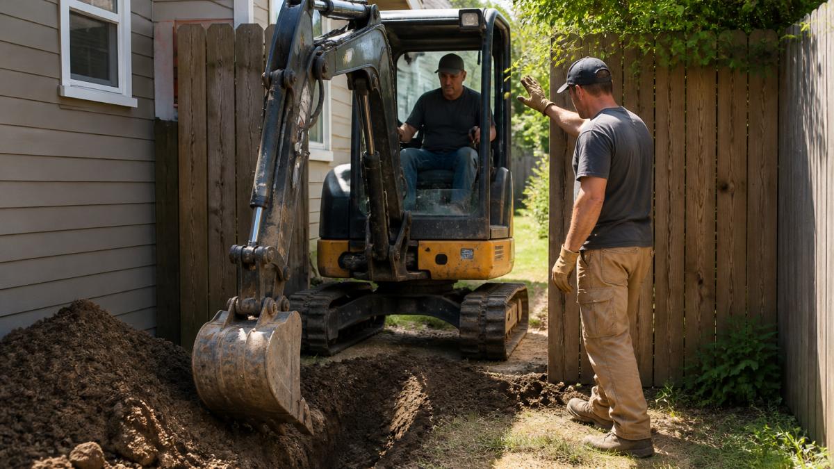 Homeowner maneuvering construction equipment through a narrow backyard gate for a trenching project