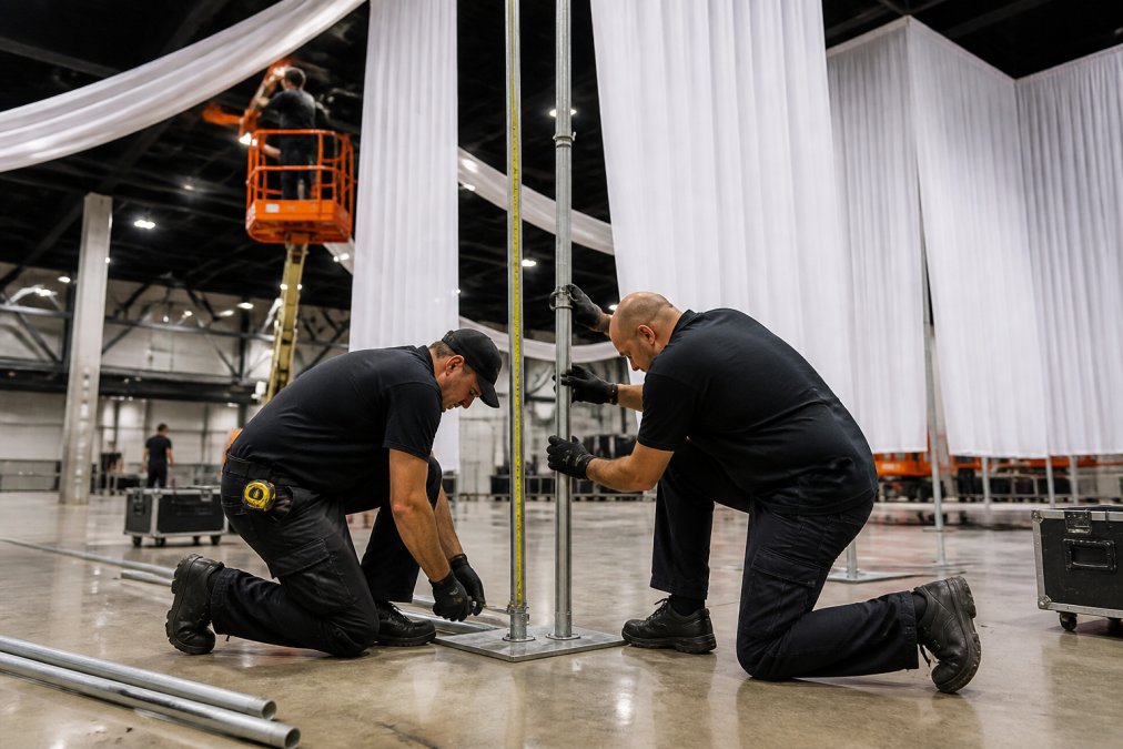 Professional installers rigging ceiling drapes in high-ceiling venue, securing crossbars and vertical uprights to base plates while measuring anchor points with precision equipment