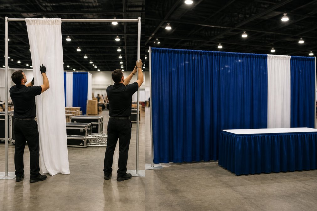 Professional installers in black polo shirts assembling a pipe and drape backdrop at a large convention center, with an exhibitor booth and bright overhead exhibition lighting in the background