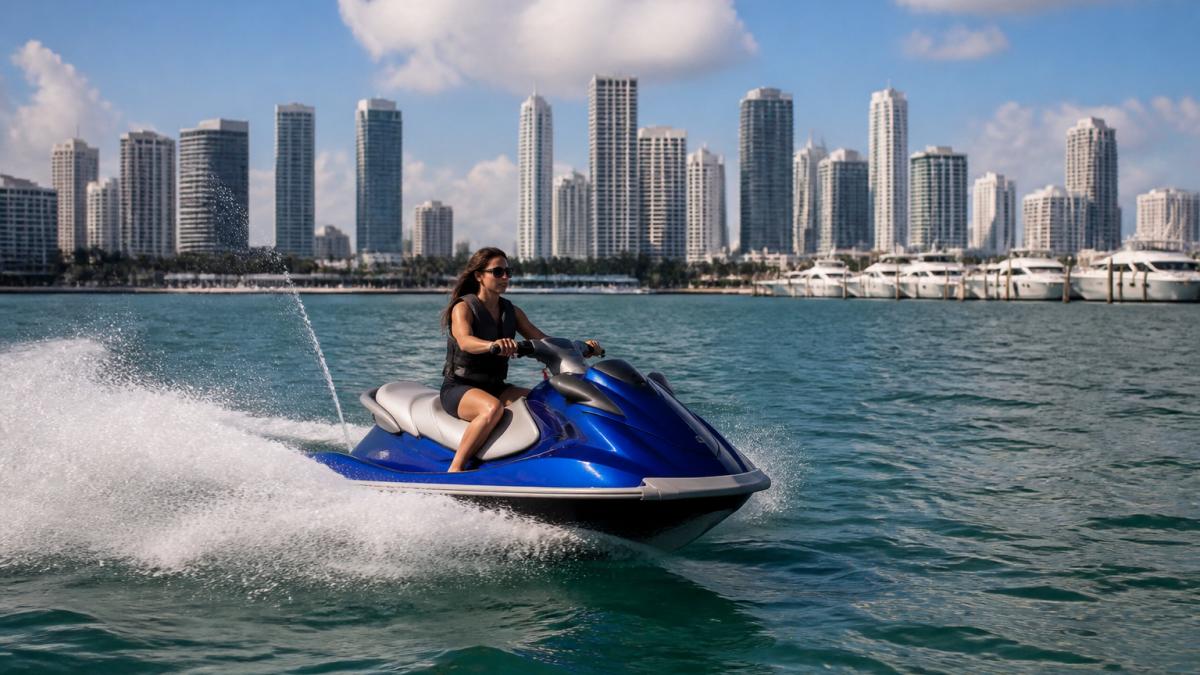 A rider on a jet ski gliding across Biscayne Bay under bright sun, with the Miami skyline and a marina in the background