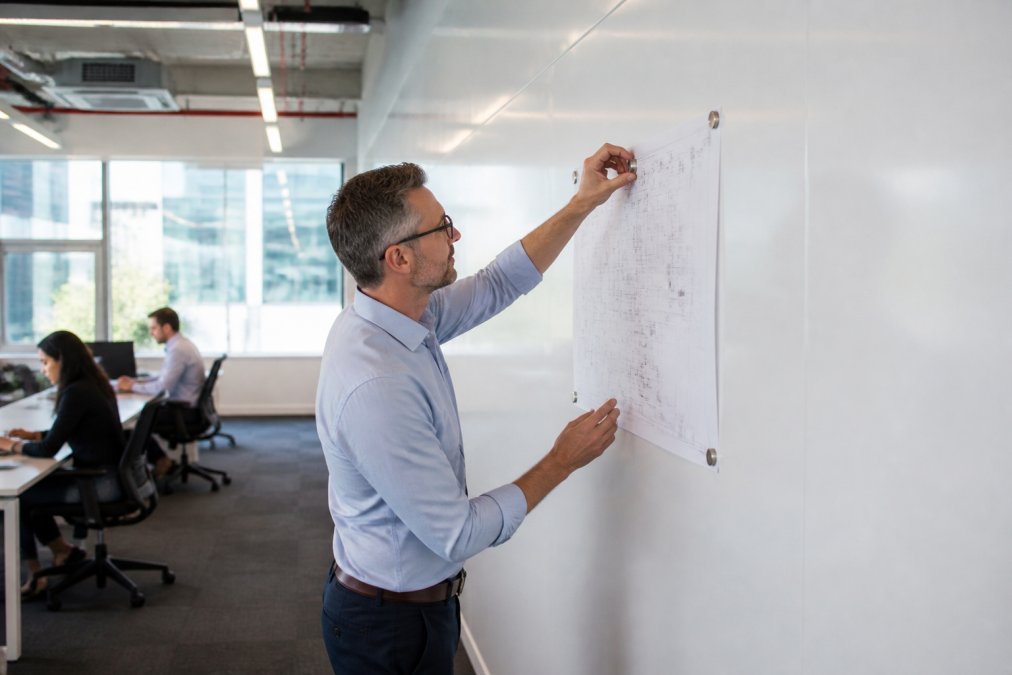 Facilities manager using magnetic wall solutions to mount a floor plan in a bright, modern rented office.