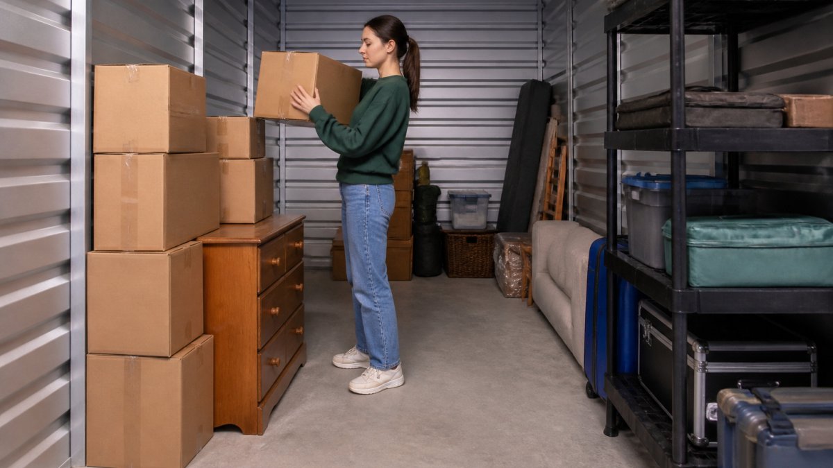 A person in casual clothes stacking labeled cardboard boxes and a small dresser inside a clean, well-lit storage unit, with a clear center aisle and items arranged against the walls