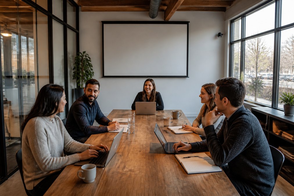 Professional team gathered around a modern conference table with laptops, notepads, and coffee cups, with a projection screen mounted on the wall and natural light streaming through large windows