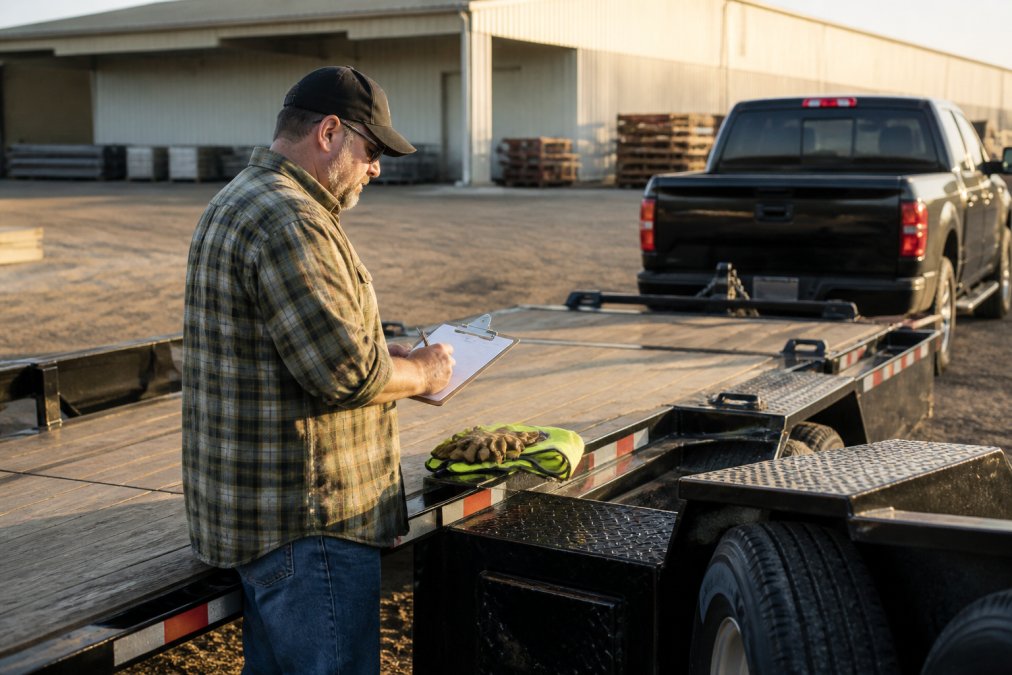 Business owner inspecting a flatbed trailer while renting trailers for warehouse operations.
