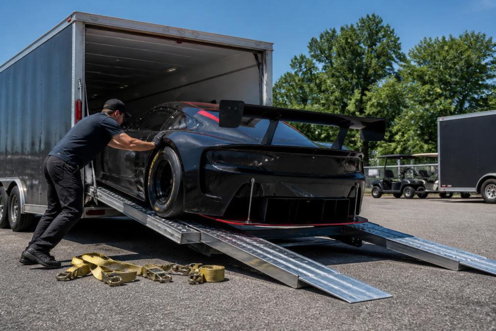A person carefully guiding a low-slung race car up metal loading ramps onto an enclosed aluminum trailer, with tie-down straps and d-rings visible on the trailer floor under bright overhead lighting