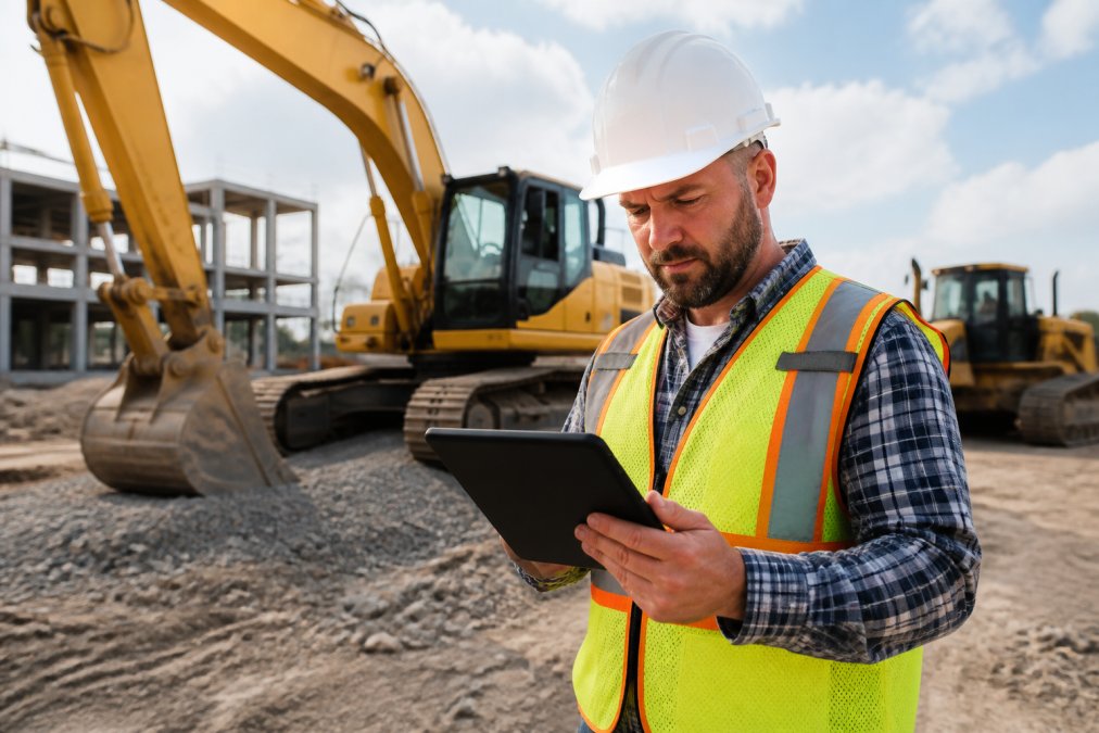 Construction supervisor reviewing equipment inventory and project timeline on tablet at a job site with heavy machinery visible in background