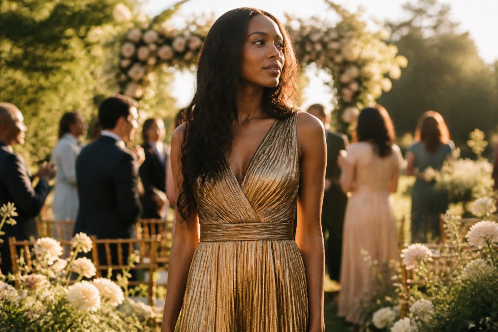 Woman wearing an elegant luxury dress at an outdoor wedding ceremony, photographed in golden hour sunlight that highlights the fabric's metallic shimmer and handcrafted details, standing confidently among garden flowers