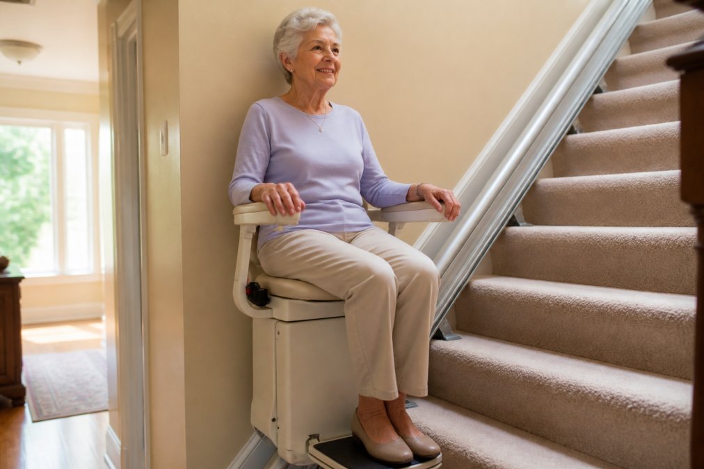 An older adult seated comfortably on a stairlift, holding the armrest with both hands, riding up a carpeted residential staircase inside a bright, warmly lit home with natural light coming through a hallway window