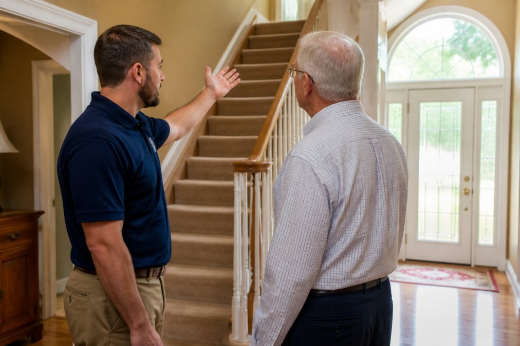A professional stairlift technician in a company polo shirt consulting with an older homeowner in a home entryway, both looking at a carpeted staircase as the technician explains installation options, warm natural light from a nearby window