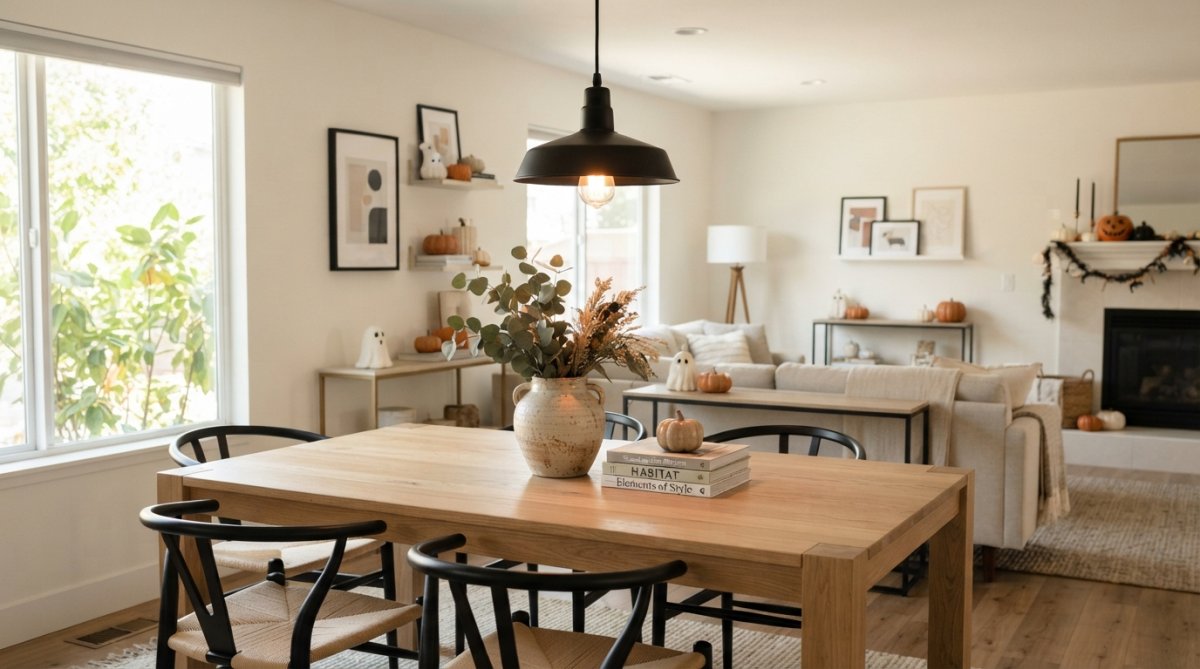 A bright modern living room with a matte black schoolhouse pendant hanging above a light wooden dining table, a sculptural ceramic vase and stacked design books styled on the surface