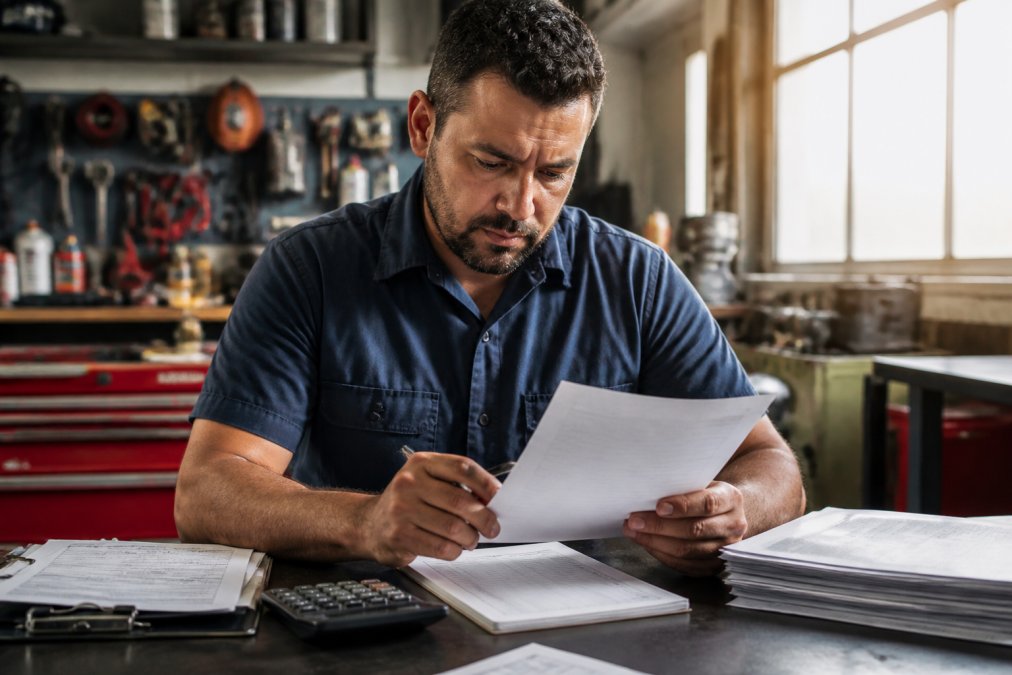 Business owner reviewing financial records and payment history to repair business credit at a desk