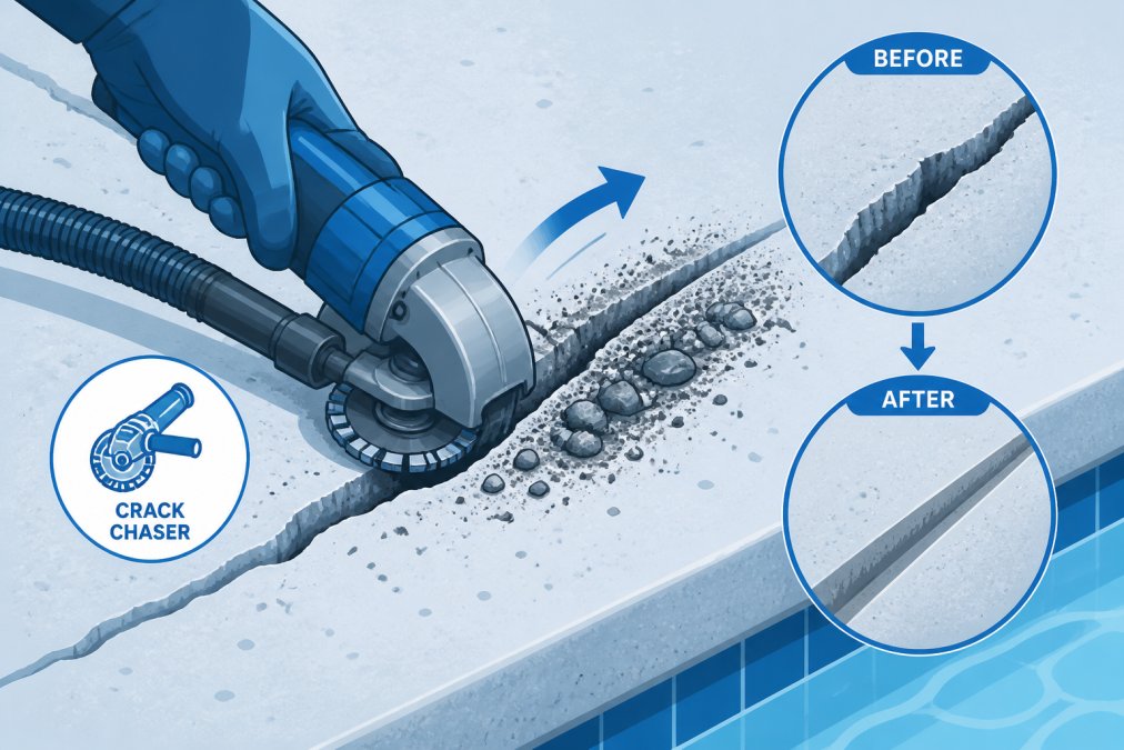 Close-up of a concrete pool deck with a deep crack being cleaned out using a crack chaser tool, showing debris removal and preparation work in progress