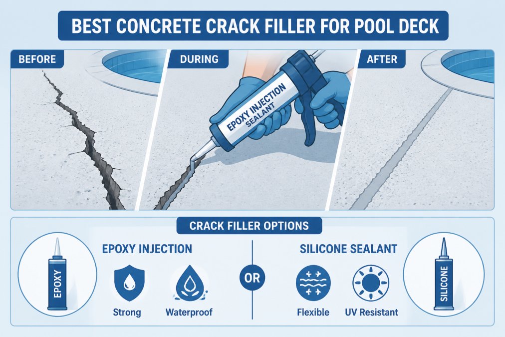 Hands applying epoxy injection or silicone-based sealant into a pool deck crack using a caulking gun, with finished sections visible nearby showing the repair work
